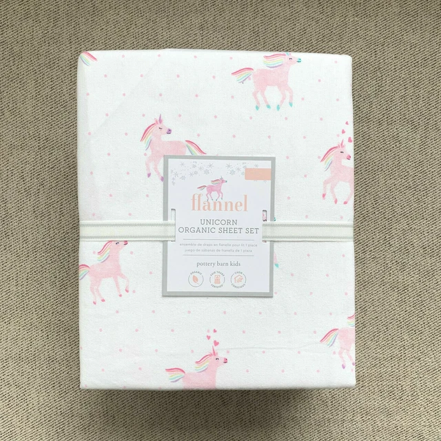 POTTERY BARN KIDS Organic Flannel Rainbow Unicorn Sheet set Pink