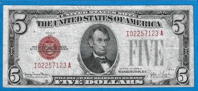 1928 F $5 USN Legal Tender Note,Red Seal,Circ VF,Nice!
