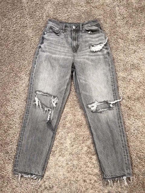 American Eagle Jeans Womens 2 Short Gray Denim Mom Jean Raw Hem Destroyed