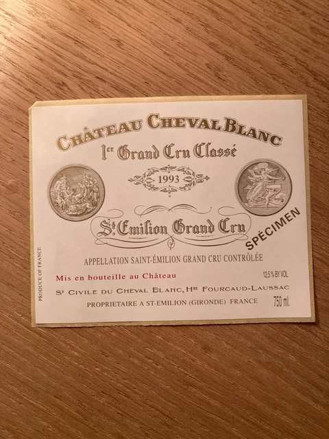 Etiquette 75cl Château Cheval Blanc 1993 - 1er grand cru St Emilion - specimen