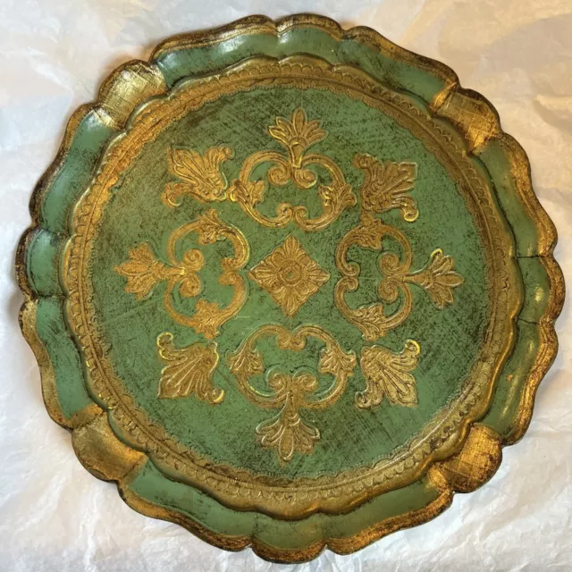 Large Vintage Italian Florentine Toleware Wood Tray 11.5’ Green& Gold Marked EUC