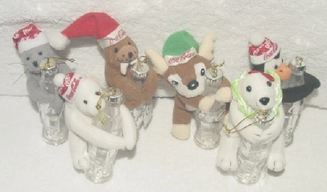 Coca-Cola Christmas Ornaments Plush Animals Holding Coke Bottle 1999 Lot Of 6