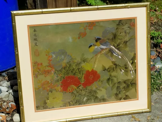 Vintage Signed And Framed Chinese Print Floral Nature Birds Of Paradise