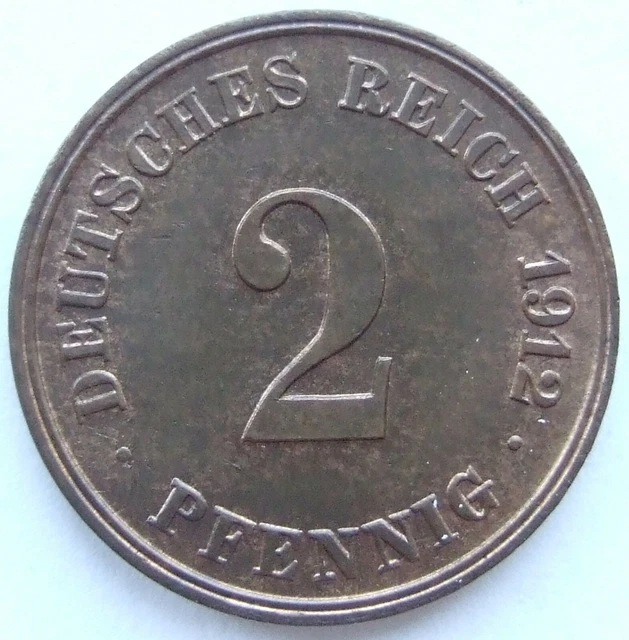 Moneta Reich Tedesco Impero Tedesco 2 Pfennig 1912 J IN Uncirculated