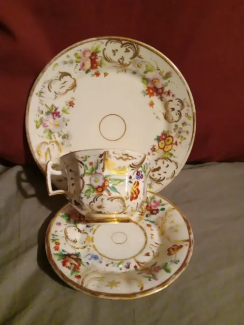Old Paris Mid 19th Century Cup & Saucer Plate Trio Gold Florals French Porcelain
