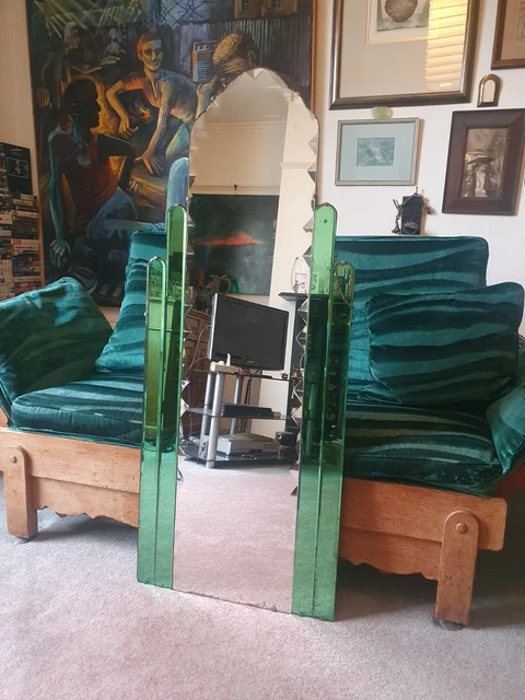 1920's-1930's VINTAGE CINEMA STYLE ART DECO WALL MIRROR - PISTACHIO GREEN PANELS