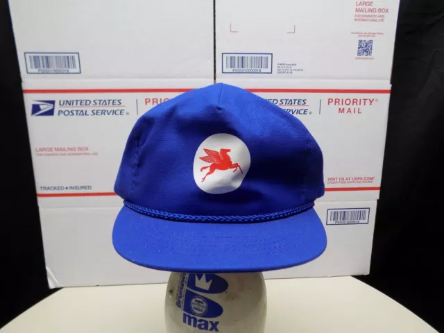 Vintage Cap America Brand Mobil Oil Gas Pegasus Strap Back Blue Golf Hat Cap