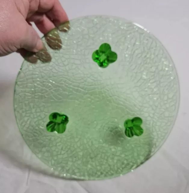 Rare 1930s Green Depression Glass LE Smith Crackle 3 Toed Round Dish 8.5 X 1.5"