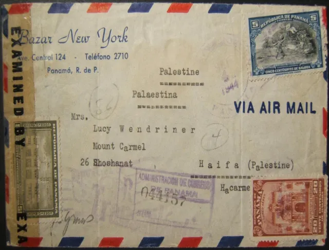 1944 WWII transatlantic airmail cover from Panama to Palestine via MIAMI