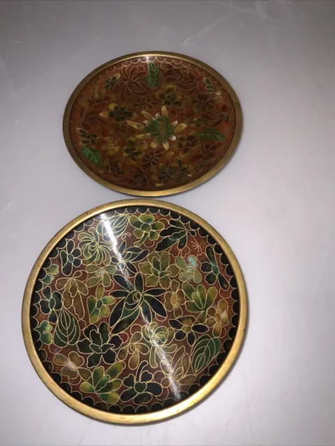 Vintage Pair Chinese Cloisonne Dish Saucer Plate Enamel Flowers China 4"