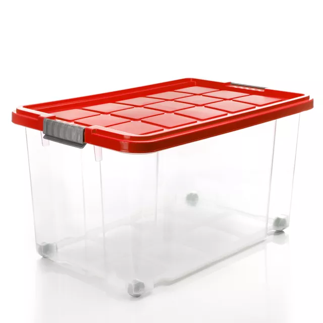 4x 60 L Aufbewahrungsbox mit Deckel groß rot - stapelbare rollbare robuste Box 2