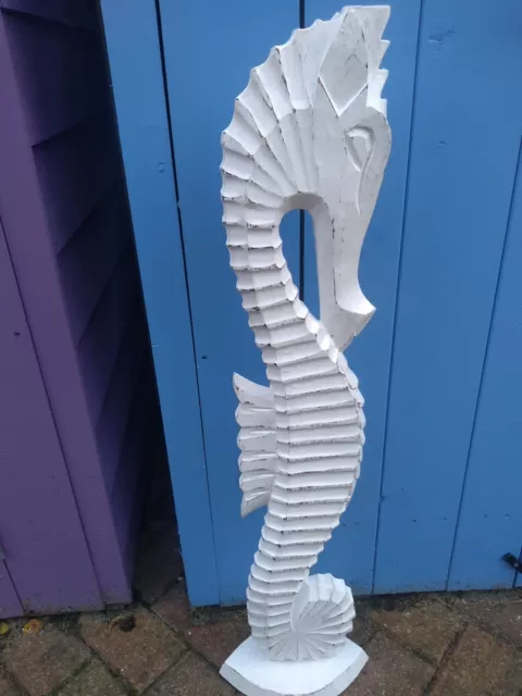 Tall Hand Carved Wooden Seahorse Animal Sculpture White Ornament Statue 80 cm