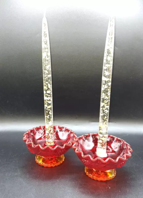 Pair of Vintage amberina red orange ruffled candle holder grape leaf