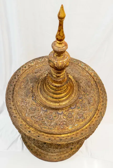 43" Massive Gilt & Glass Rhinestone Lacquer Stupa Thai Burmese South East Asian 12