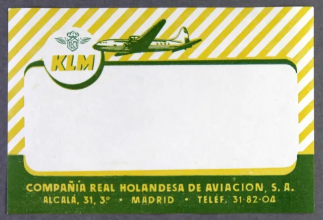 Klm - Madrid - Spanien Vintage Original Flugzeugadresse Gepäcketikett Gepäcktasche