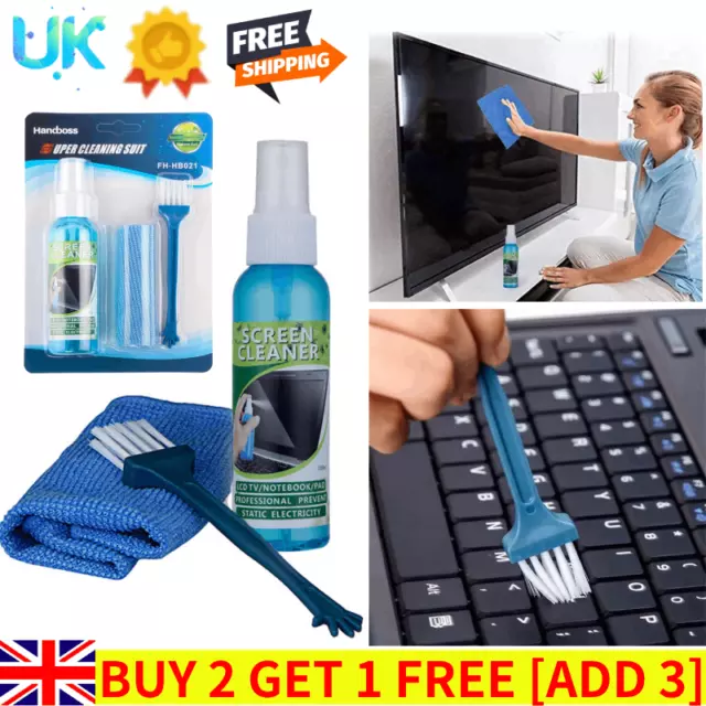 3in1 Laptop Cleaning Monitor TV PC LCD Screen Cleaner Plasma Cloth Brush Kit UK