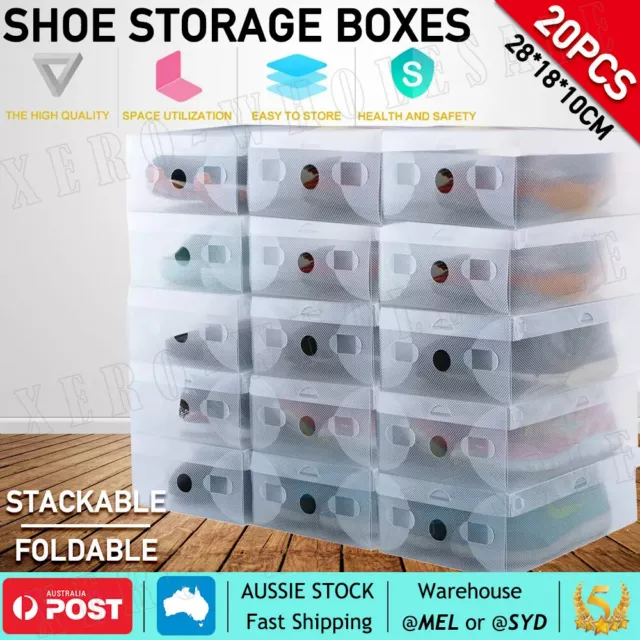 20x Clear Shoe Storage Transparent Box Foldable Stackable Plastic Boxes Organize