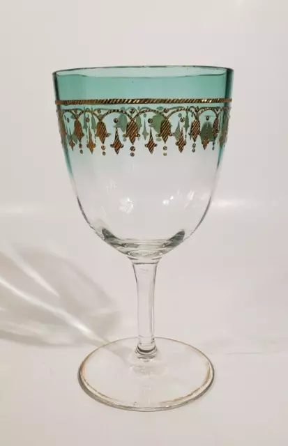 Antique Bohemian Moser Hand Blown Glass Green Raised Gold Water Goblet