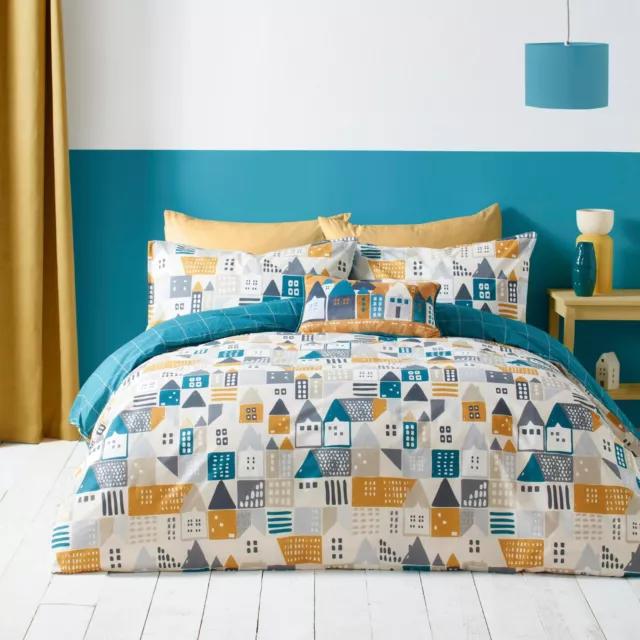 Duvet Cover Bedding Set Reversible Nordica House print by Fusion Teal Ochre