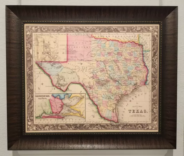 1860 Pre-Civil War County Map Of Texas By S.a. Mitchell Framed