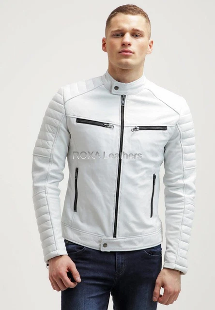 Nuovo Uomo Originale Giacca IN Pelle Di Agnello Biker Moda Party Indossare White