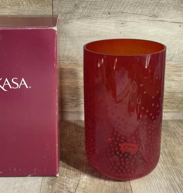 Mikasa Glisten Holiday Hurricane Vase Red Glass 7.5” Tall Christmas