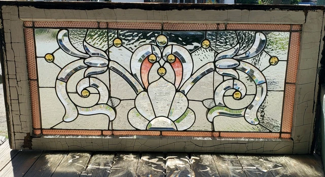 Antique Stained Beveled Jeweled Window 19 x 40
