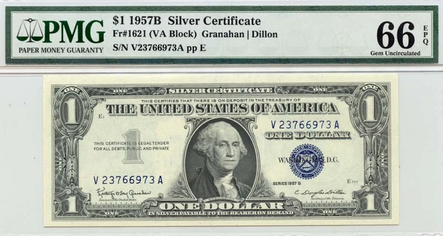 1957B $1 Silver Certificate Blue Seal Fr# 1621 PMG Gem 66 EPQ