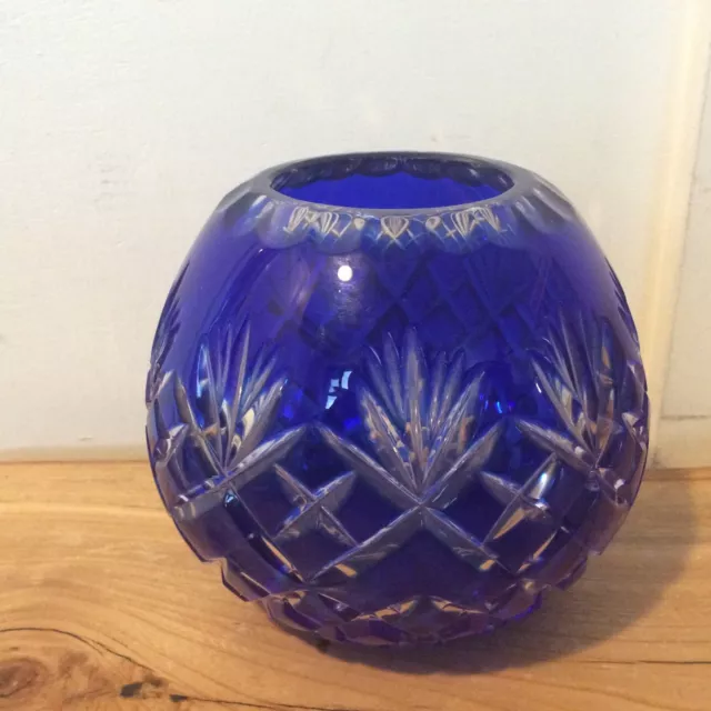 Cobalt Blue Cut to Clear Crystal Rose Bowl Vase Czech Bohemian 4 Inches Tall