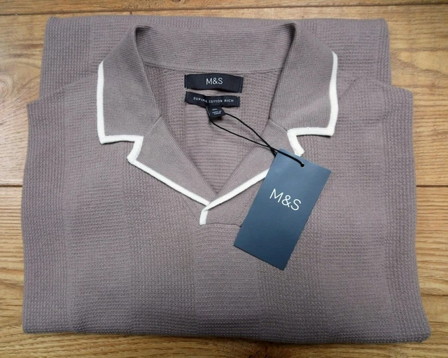 Polo M&S TAUPE in cotone ricca punta rever a righe strutturate a maglia TOP 4XL lunga