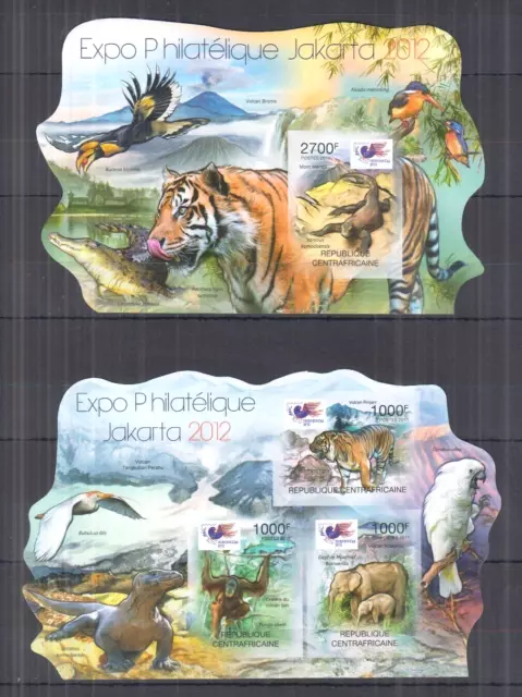 126.CENTRAL Africa 2012 Imperf Briefmarke M/S + S/S Vögel, Tiger, Elefant, Affe.