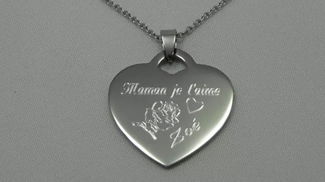 Superbe pendentif coeur acier gravé + chaîne fête des mères maman je t'aime