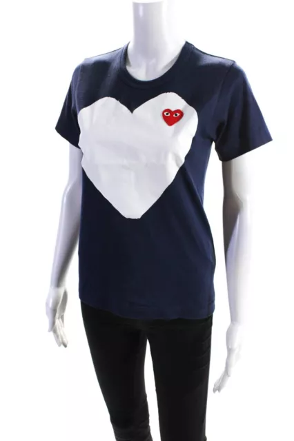 Play Comme Des Garcons Womens Graphic Heart Patch Tee Shirt Navy White Sz Small 2