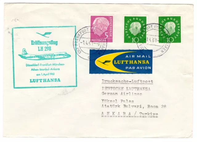 1961 Apr 1st. First Flight Cover. Lufthansa, Düsseldorf-Frankfurt-Athen-Ankara.