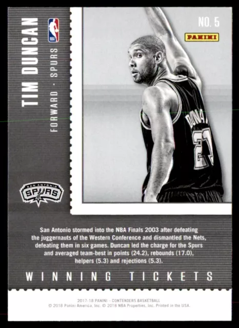 2017-18 Panini Contenders Basketball Winning Tickets #5 Tim Duncan 2
