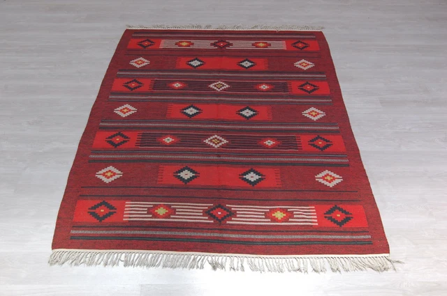 Tappeto Kilim rosso bordeaux con rombi  245 x 155 etnico orientale ben tenuto