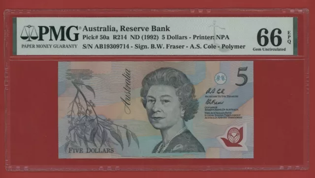 AUSTRALIA 5 DOLLARS ( 1992 ) LAST PREFIX  AB 19 PICK # 50a PMG 66 GEM UNC EPQ.