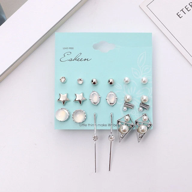 9 Paar geometrische Opal Ohrstecker Mode Temperament Star Pearl Diamante Ohrstec
