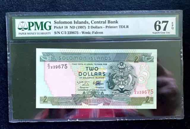 Solomon Islands Central Bank 2 Dollars 1997 Pick# 18 PMG 67 EPQ SUPERB GEM UNC