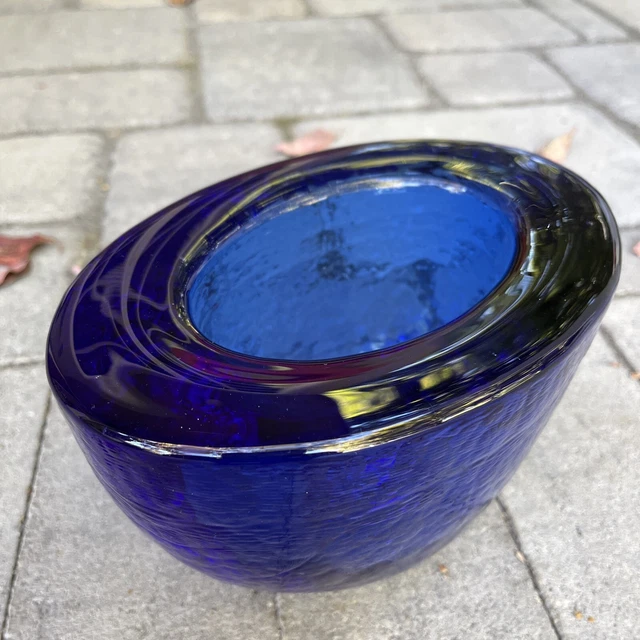 FIRE & LIGHT Recycled  Glass Wide Oval Footed Bowl Vase Cobalt Vintage