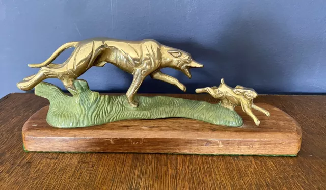 Original Vintage Art Deco Brass Hunting Dog & Hair Chase Scene On Mahogany Base