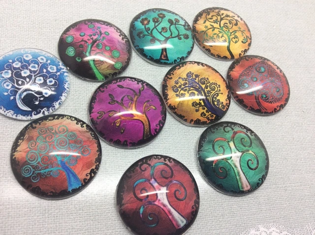 10 Colourful Trees Cabochons 16-25mm Mixed Round Glass Charm Dome Flat Back 2