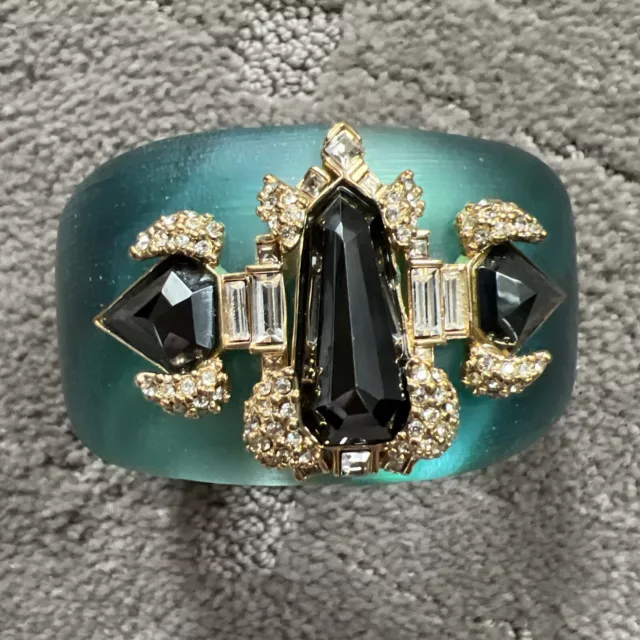 Alexis Bittar Green Lucite/ Black Crystal Hinged Bracelet w Gold Rhinestones