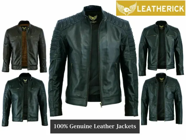 Leatherick Men Real Leather Jacket Biker Black Brown Vintage Cafe Racer Jackets