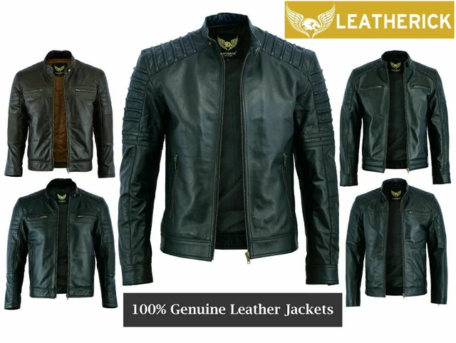 Leatherick Men Real Leather Jacket Biker Black Brown Vintage Cafe Racer Jackets