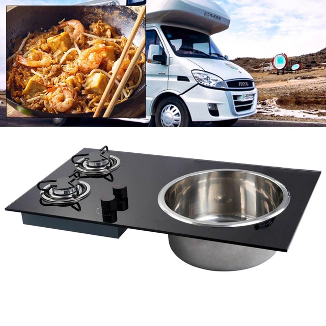 GAS STOVE CAMPER Boat Caravan RV LPG Hob Sink Combo Tempered Glass w/ 2