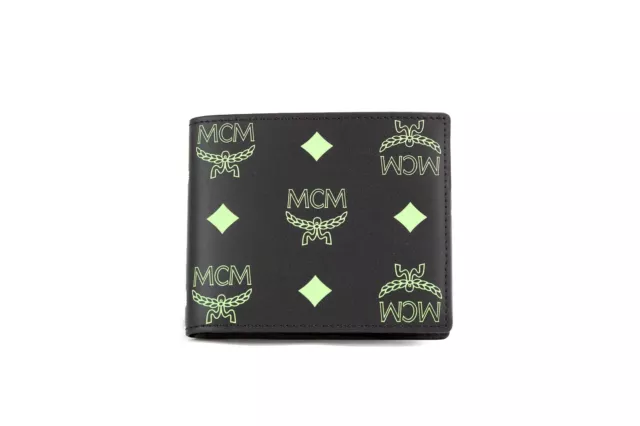 MCM Men's Small Black Summer Green Smooth Visetos Monogram Logo Leather Wallet