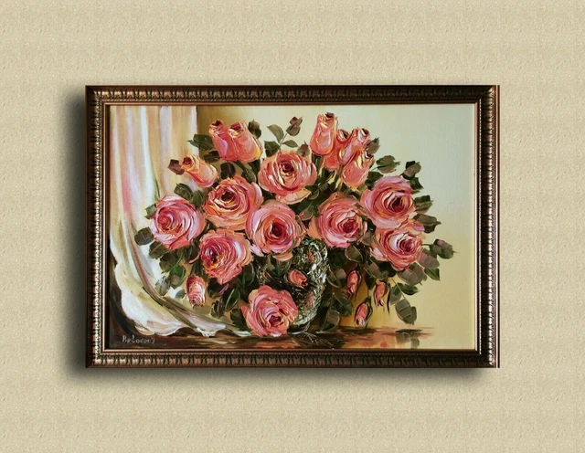 PINTURA AL ÓLEO ORIGINAL Decoración de pared de lienzo floral grande ROSAS...
