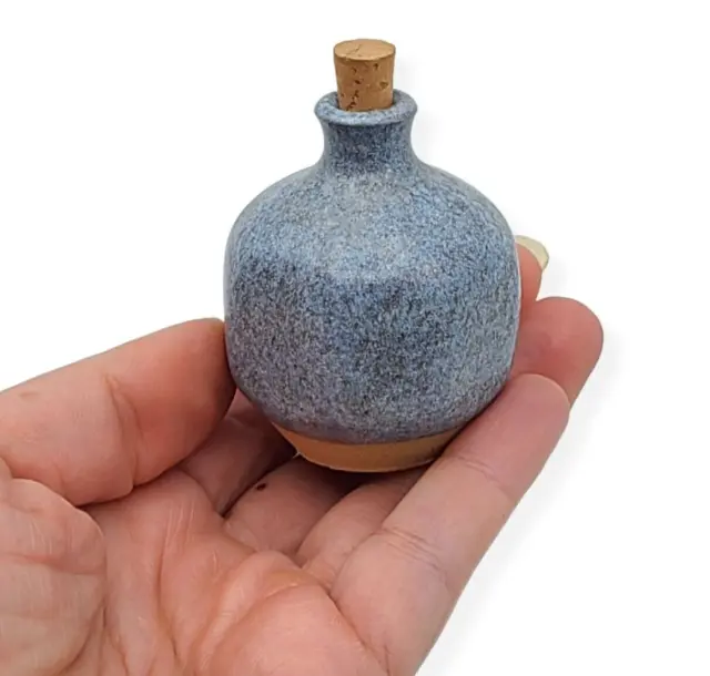 Miniature Art Pottery Stoneware Blue Salt Glaze Jug Urn w/ Tiny Cork 2"