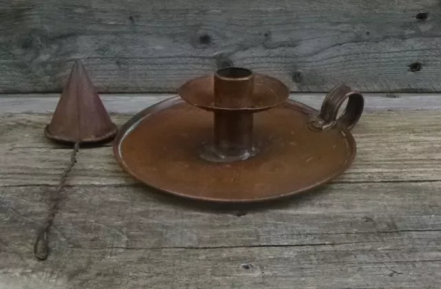 Old Antique Arts & Crafts Copper Chamber Candlestick Candle Holder & Snuffer